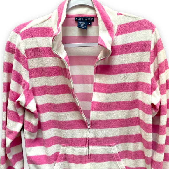 Ralph Lauren Pink & White Striped Terry Cloth Full Zip Pockets Jacket M - Picture 3 of 5